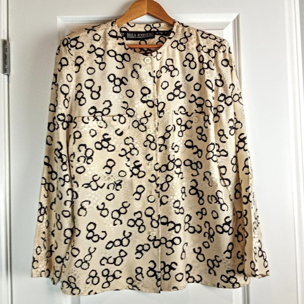 Vintage Della Roufogali Cream Black Jacquard Silk Blouse